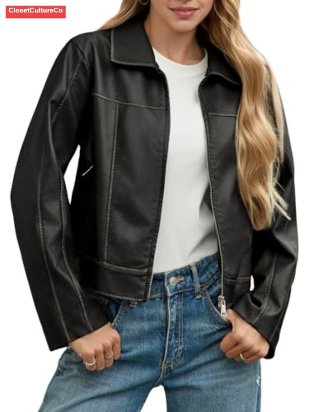 Faux Leather Moto Jacket Zip Up Collared Cropped Biker Coat